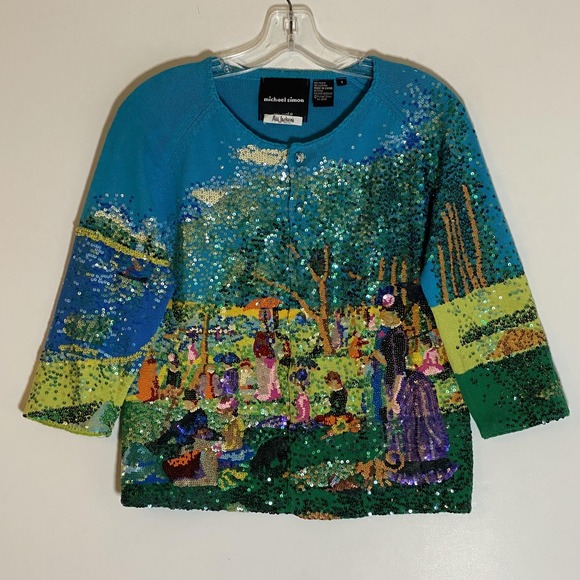 Vintage Michael Simon Cardigan Sweater Womens Small Multicolor Sequin Art Y2K